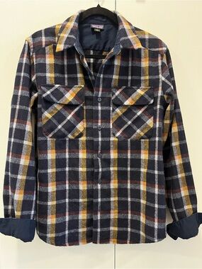 Patagonia Navy Plaid Button-Down Shirt with Yellow Accents